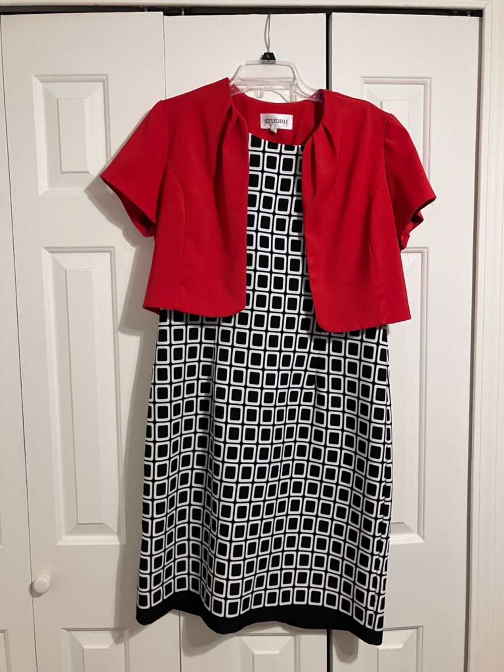 Studio I Black & White Geometric Dress with Red Bolero Jacket